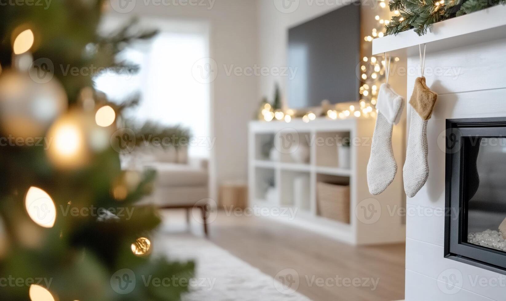Cozy holiday living room with stockings and festive decorations. photo