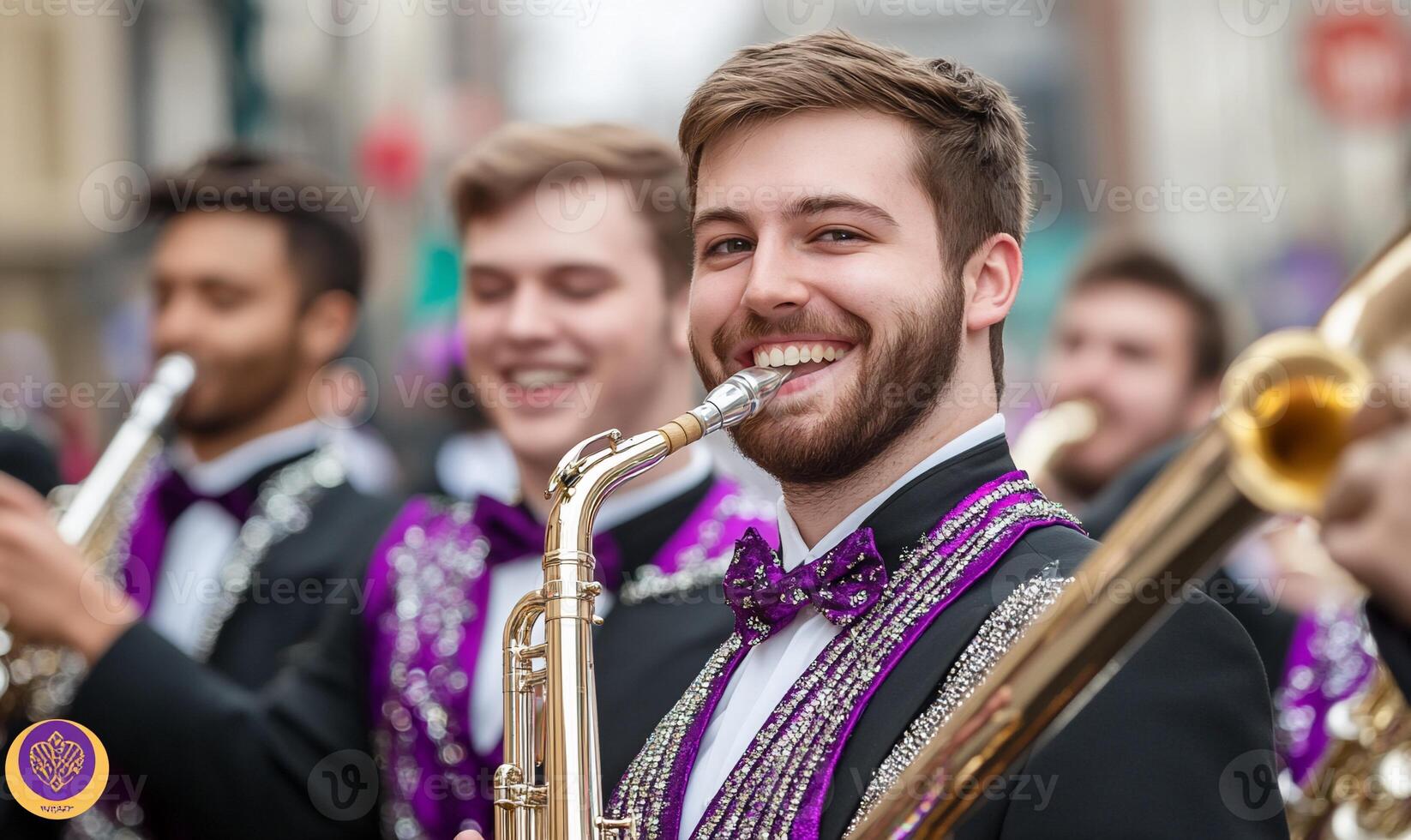 Musicians smiling while playing instruments in a festive parade. photo