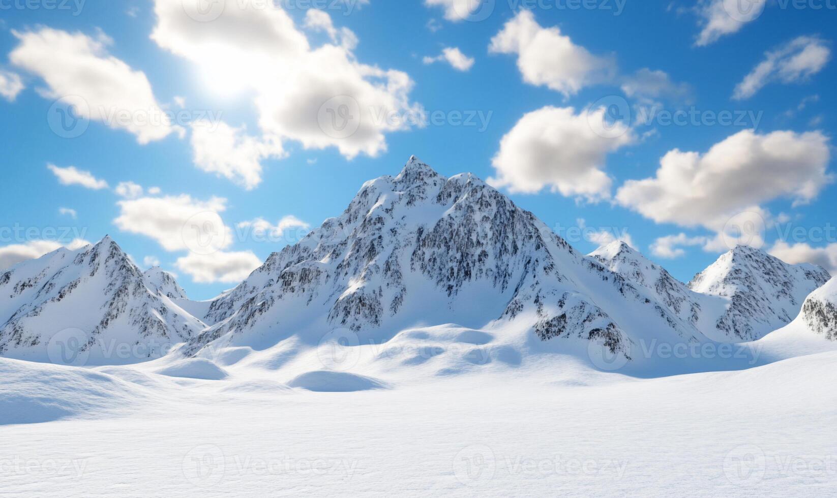 A serene snowy mountain landscape under a bright blue sky. photo