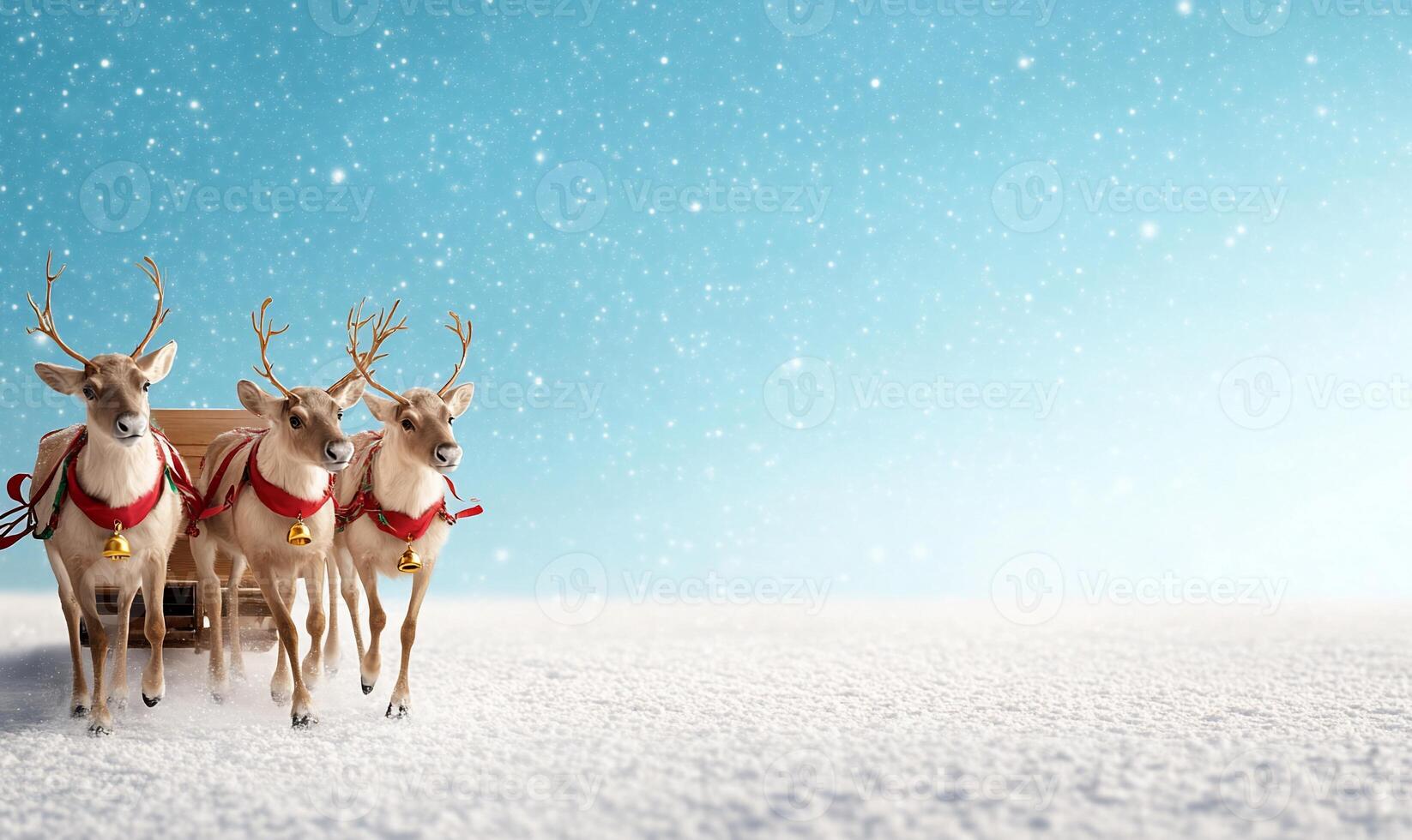 Three reindeer pulling a sled in a snowy landscape with a blue sky. photo
