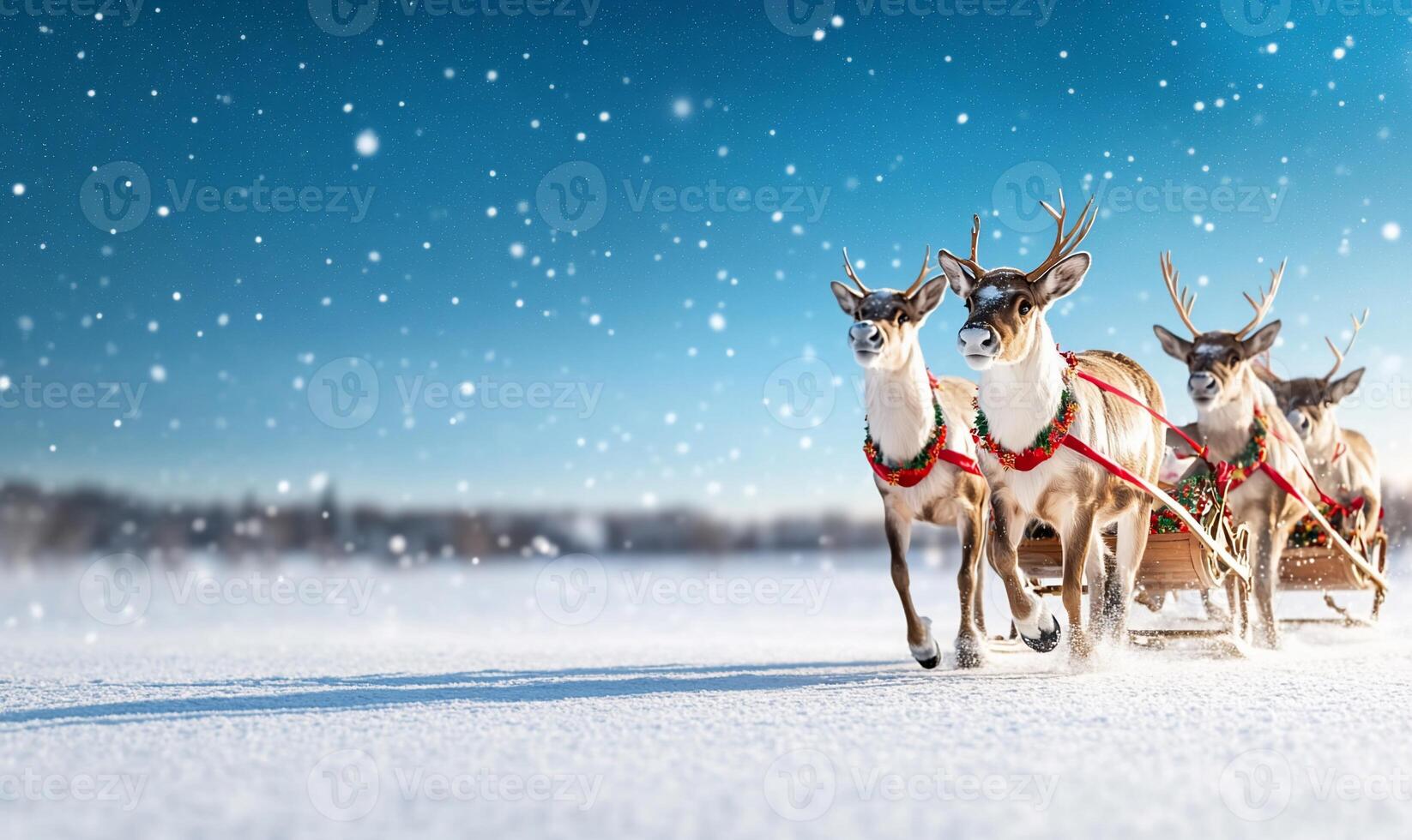 Reindeer pulling a sled through a snowy landscape with falling snowflakes. photo