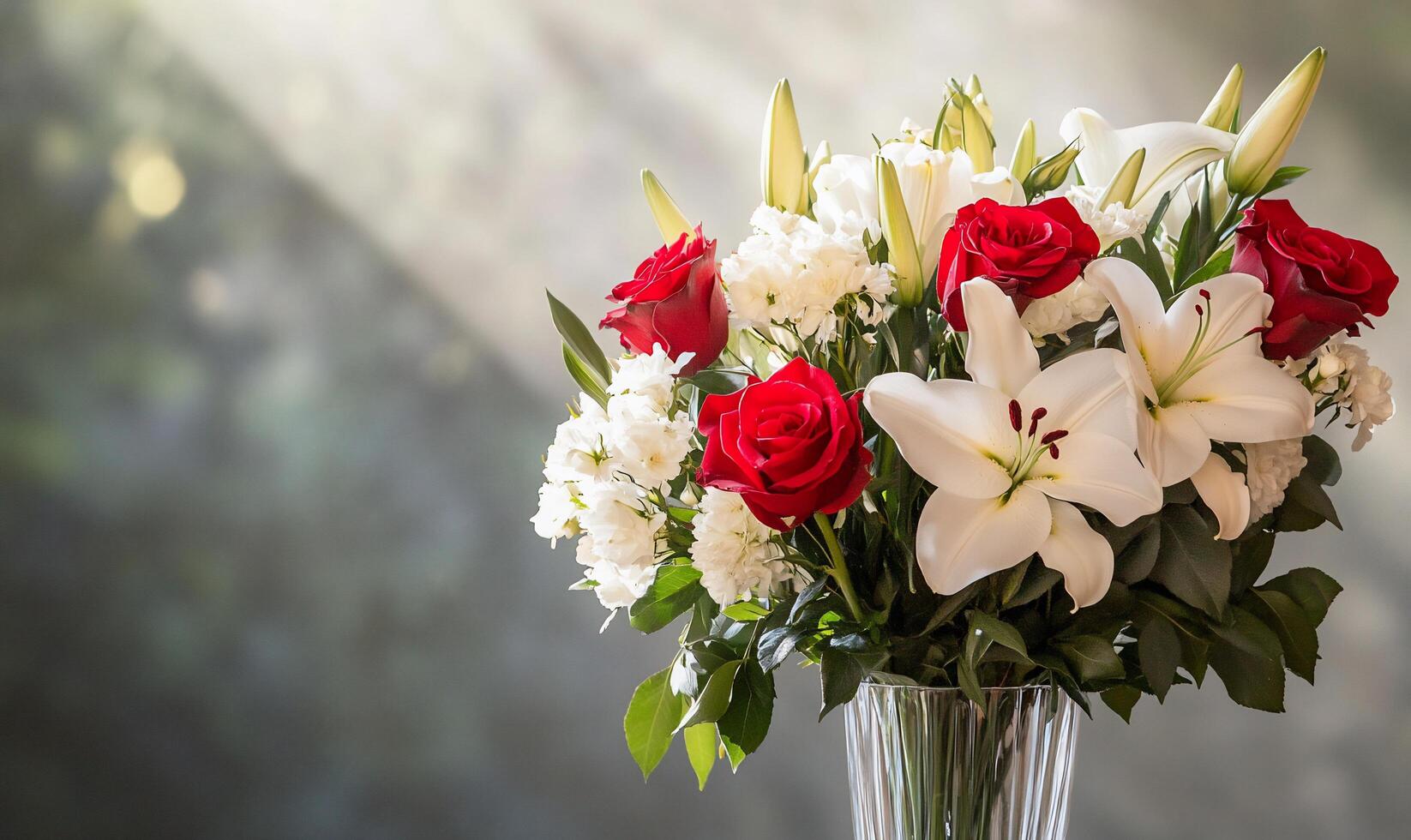 A vase filled with red roses and white lilies photo