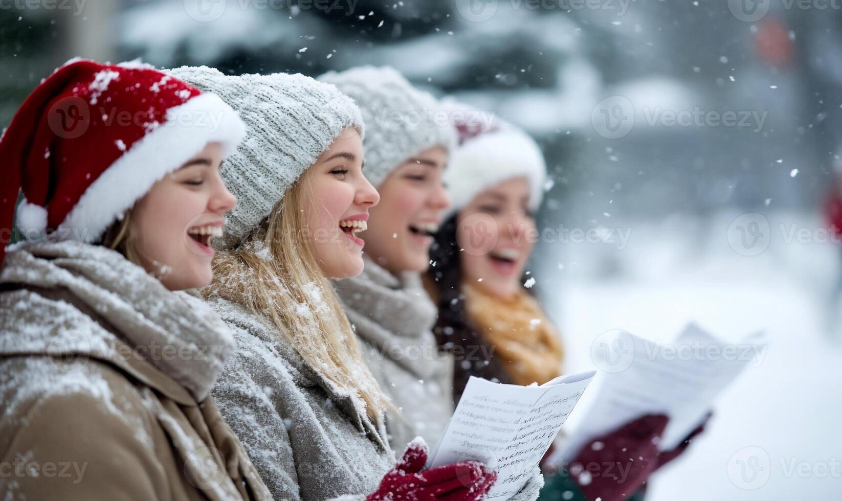 Group of women caroling in the snow during winter festivities. photo