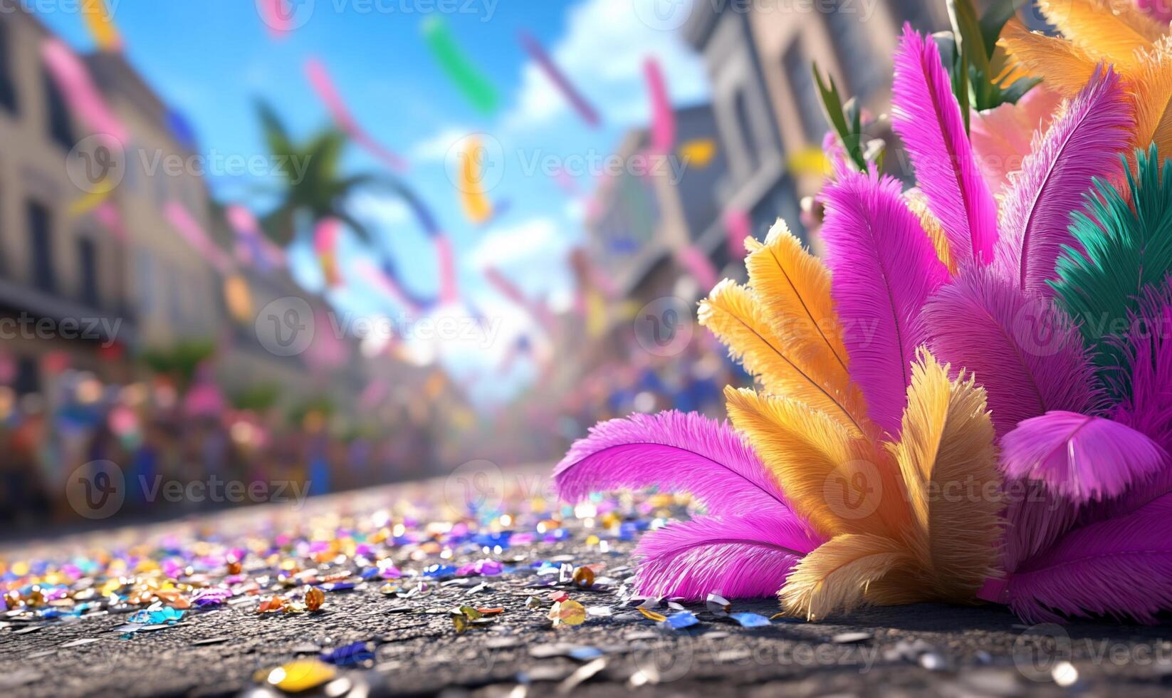 Colorful feathers and confetti scattered on a festive street. photo