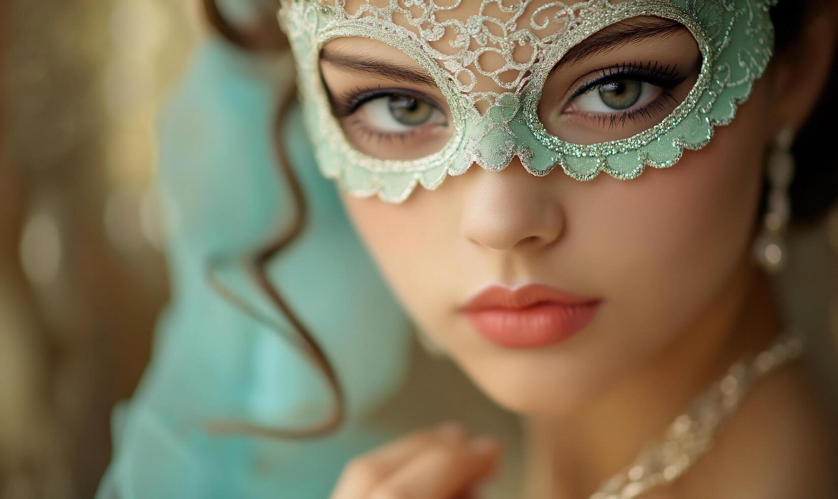Beautiful woman wearing a turquoise mask photo