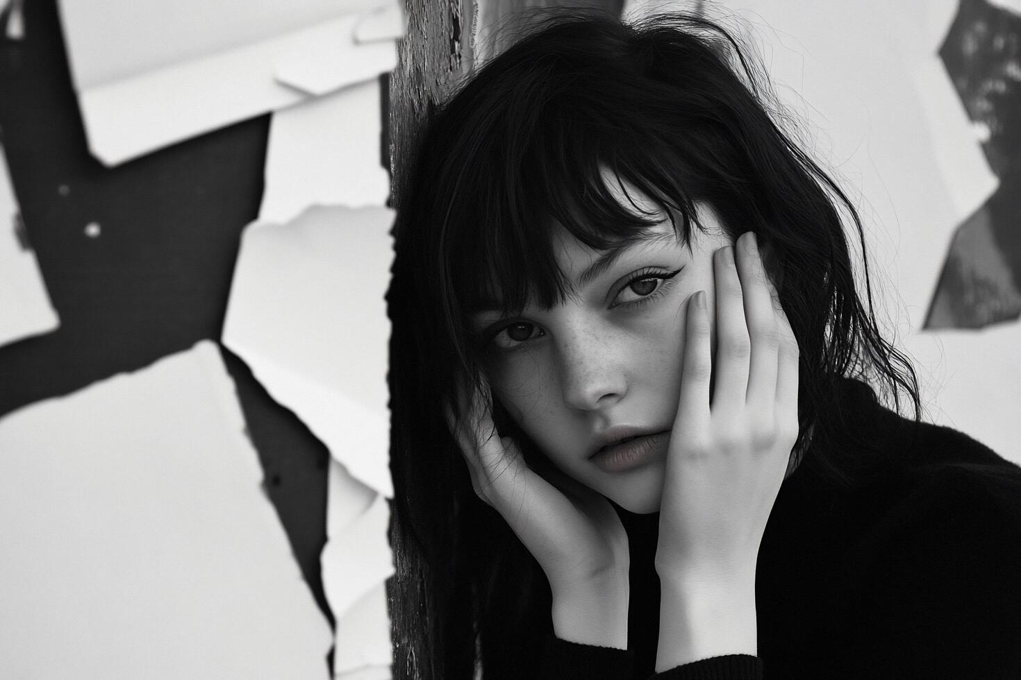 A woman leaning against a wall with her hands on her face photo