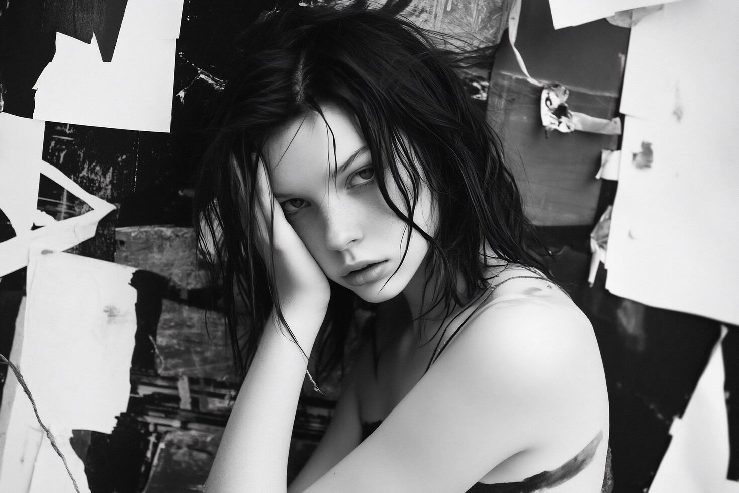 A woman in a black and white photo leaning against a wall