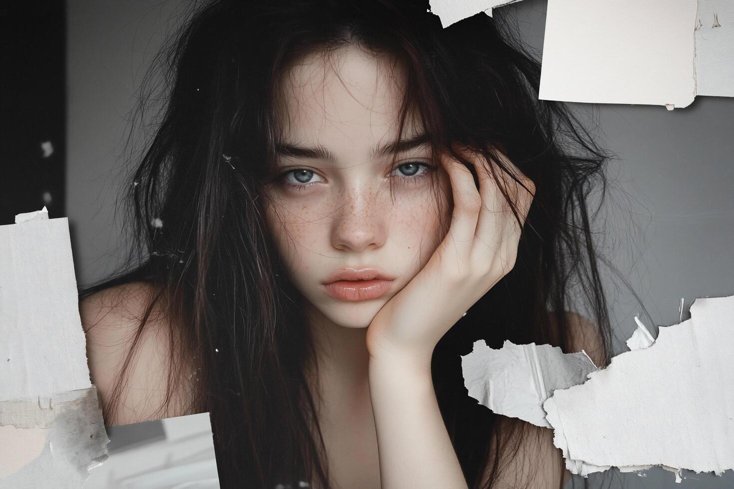 A woman with freckles and a torn paper background photo