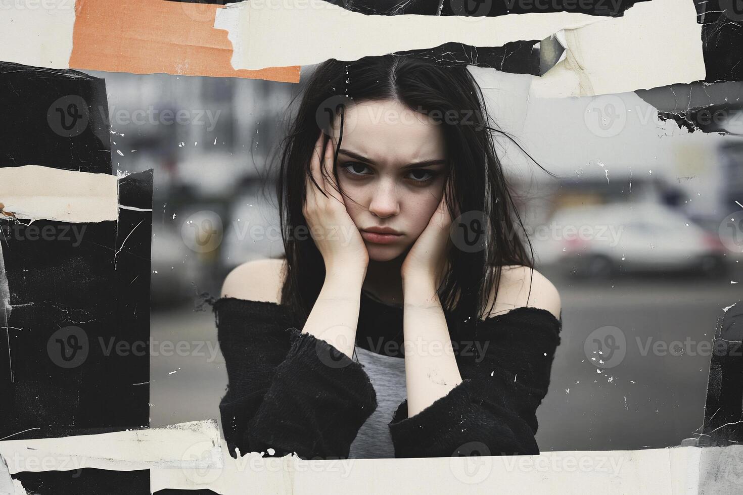 A young woman with a distressed expression framed by torn paper. photo