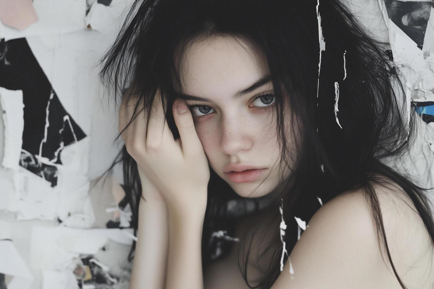 A beautiful young woman with long black hair and a black shirt photo