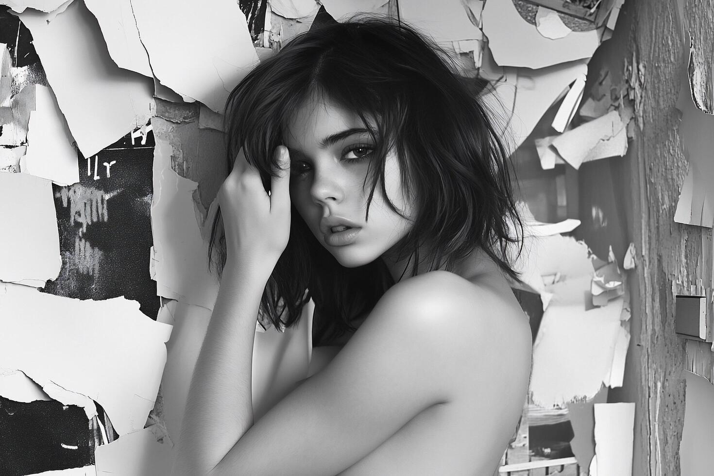 A naked woman posing in front of a wall photo