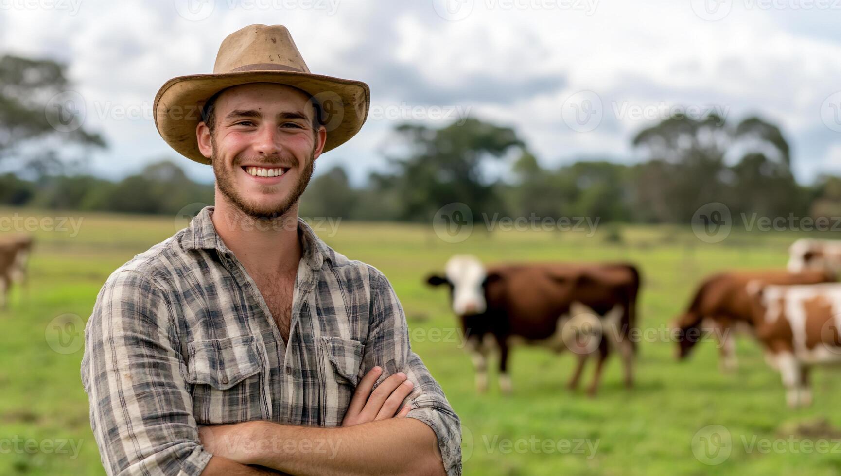A smiling farmer stands confidently in a field with grazing cows. photo
