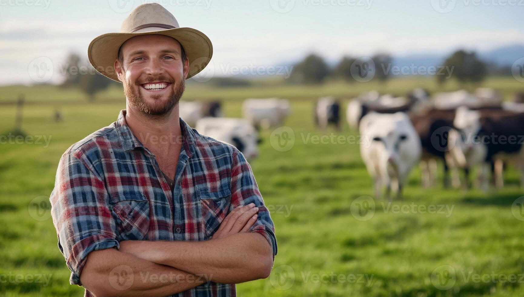 A smiling man in a plaid shirt and hat standing in front of a herd of cattle photo