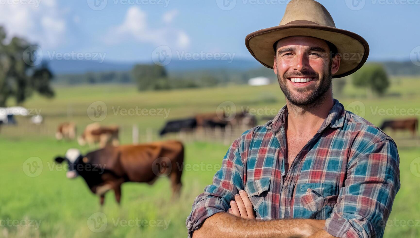 A smiling man in a hat stands in a lush field with grazing cows. photo