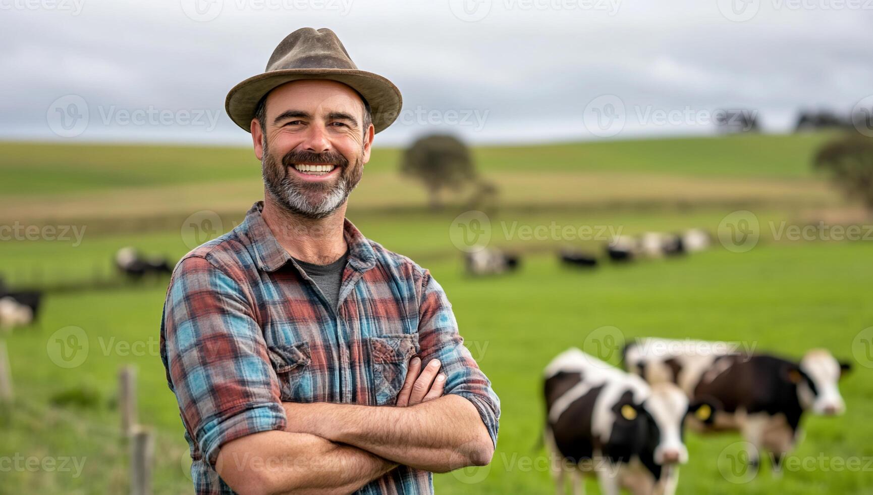 A smiling farmer stands in a field with cows grazing in the background. photo