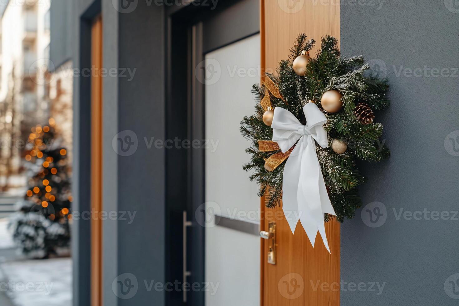 A festive wreath adorns a modern door, enhancing holiday spirit. photo