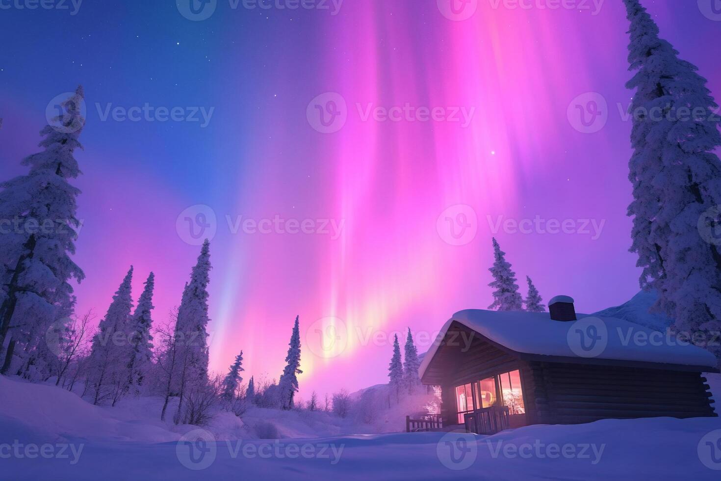 A cozy cabin under vibrant northern lights in a snowy landscape. photo
