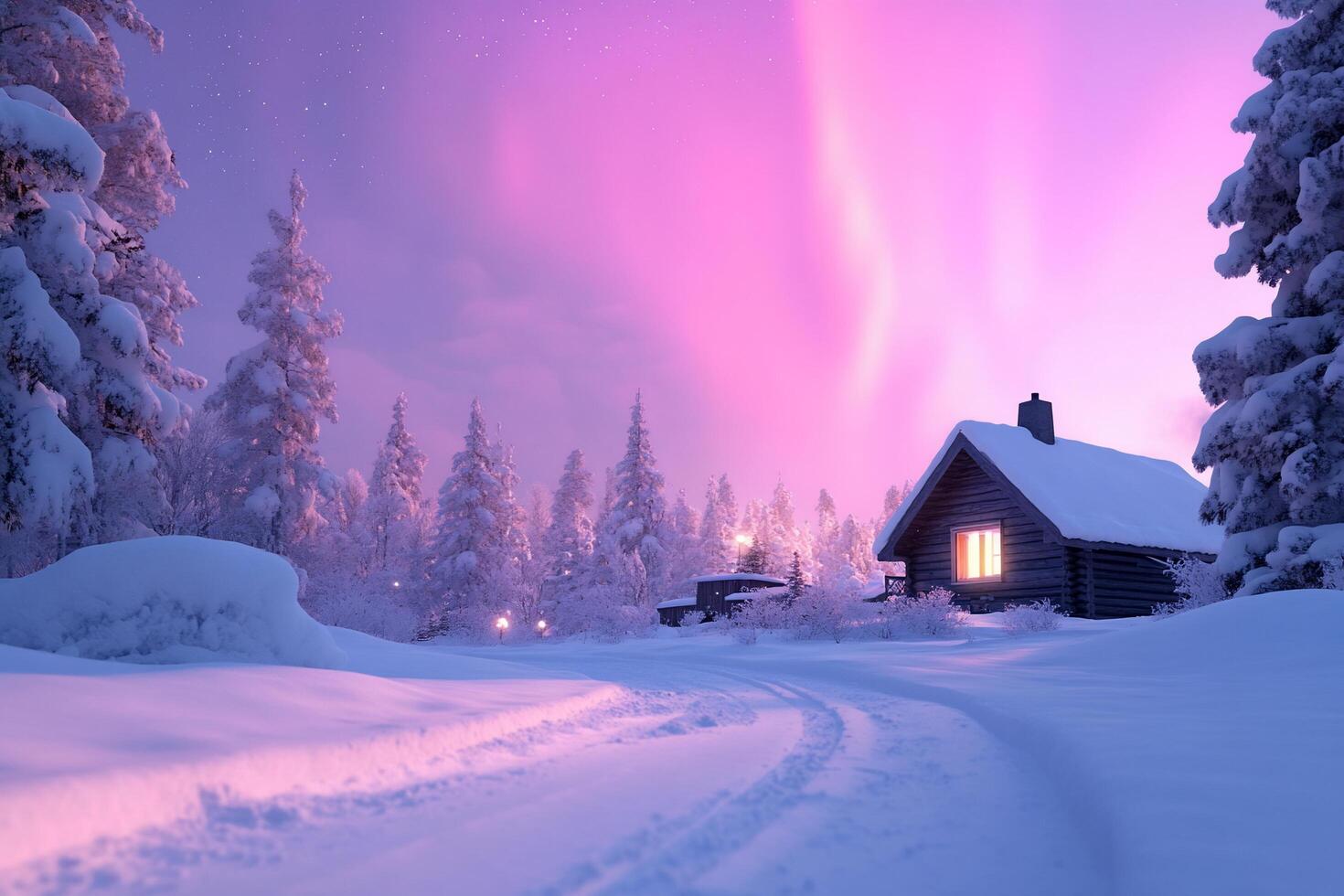 A cabin in the snow with aurora lights photo