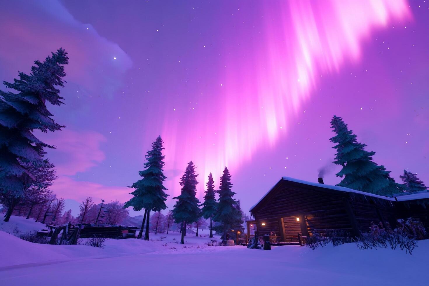 A cabin in the snow with a purple aurora bore photo