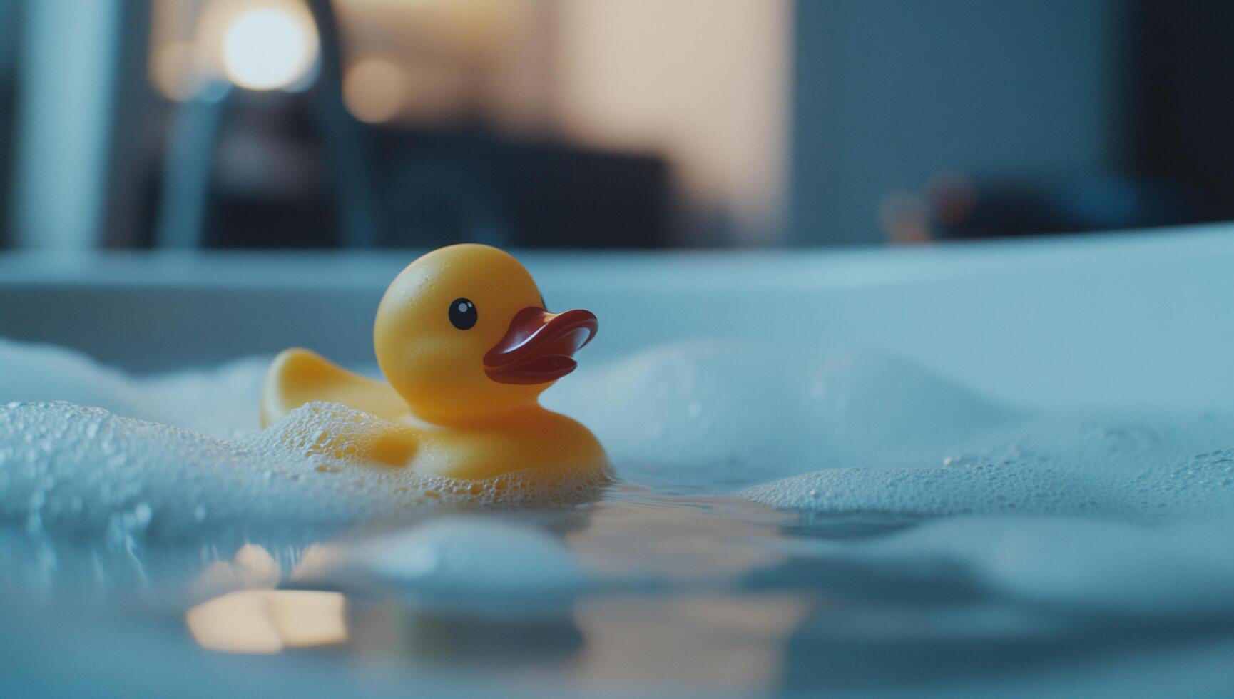 A rubber duck floating in a bathtub photo
