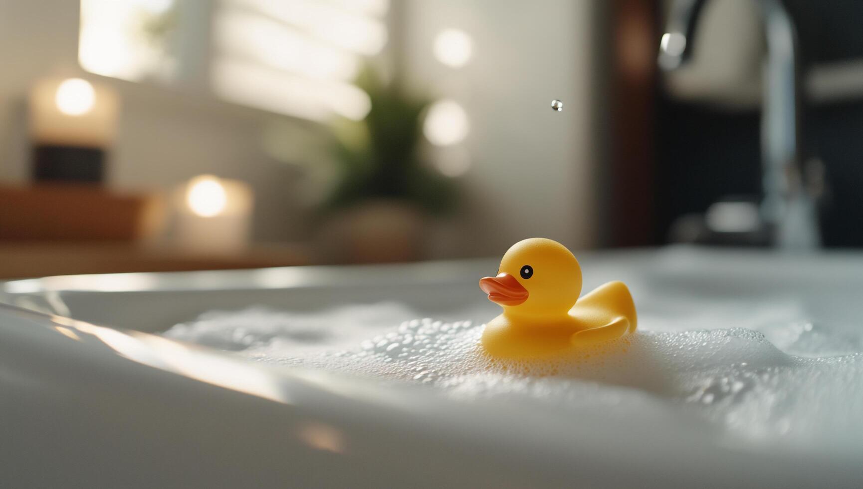 A rubber duck floating in a bubbly bath setting. photo