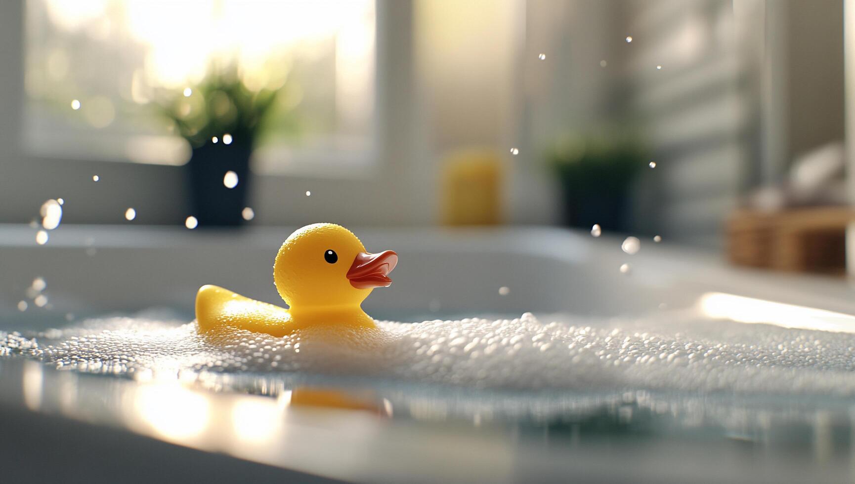 A yellow rubber duck floats in a bubbly bath with sunlight streaming in. photo