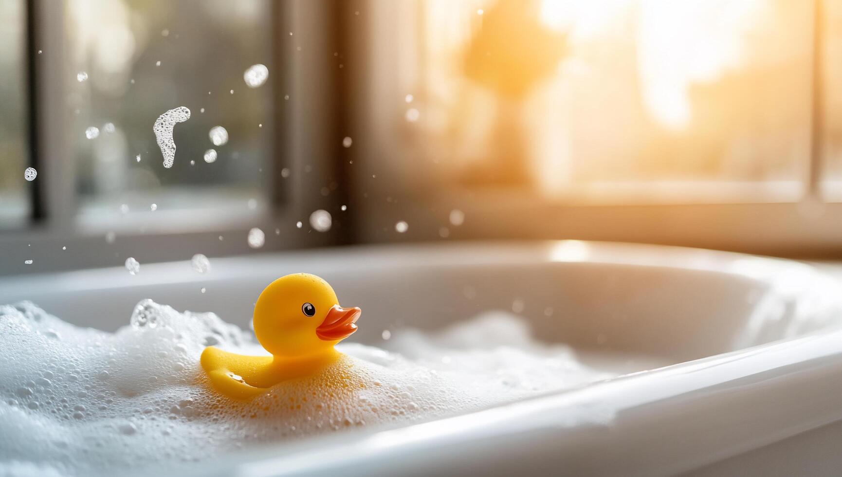 A rubber duck floats in a bubbly bathtub during sunset. photo