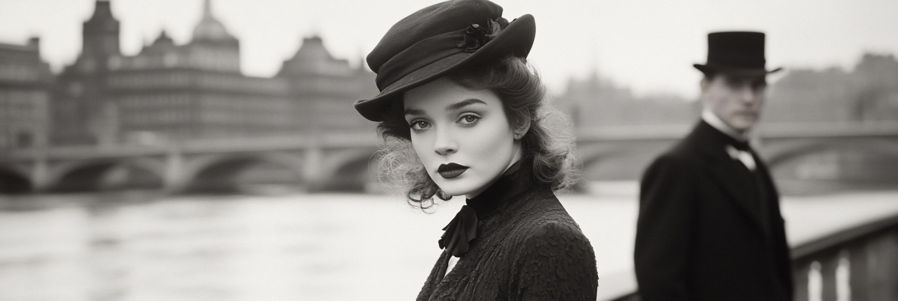A woman in a hat and a man in a suit photo