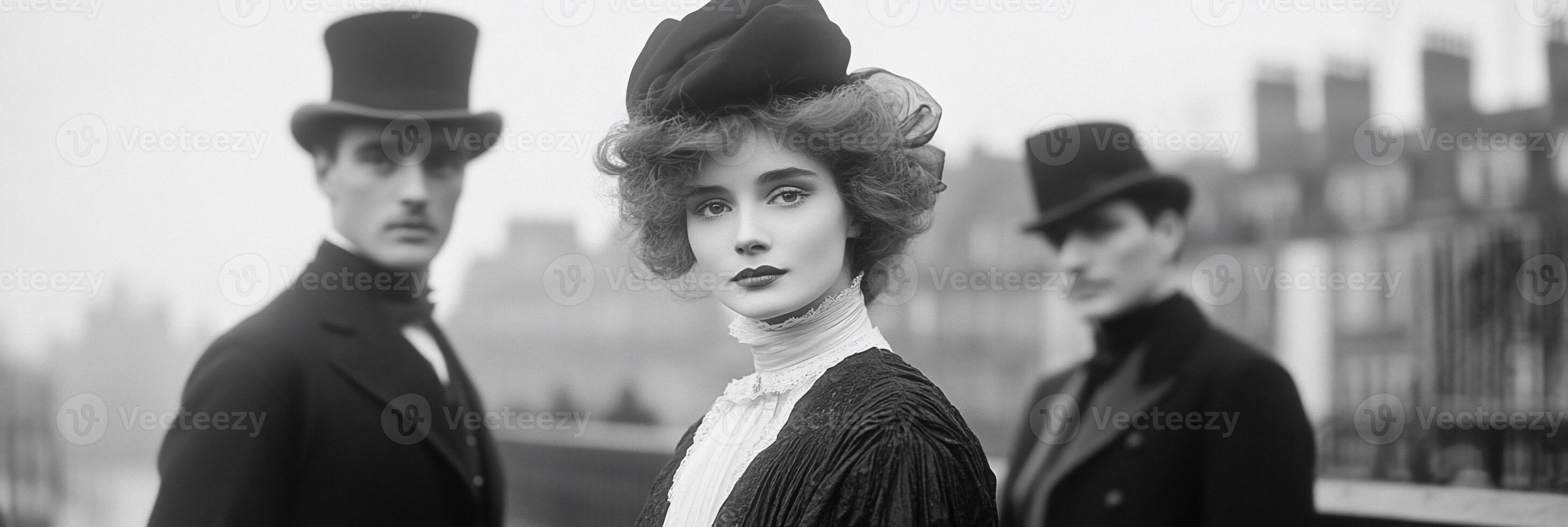 A vintage portrait of elegantly dressed individuals in a historical setting. photo