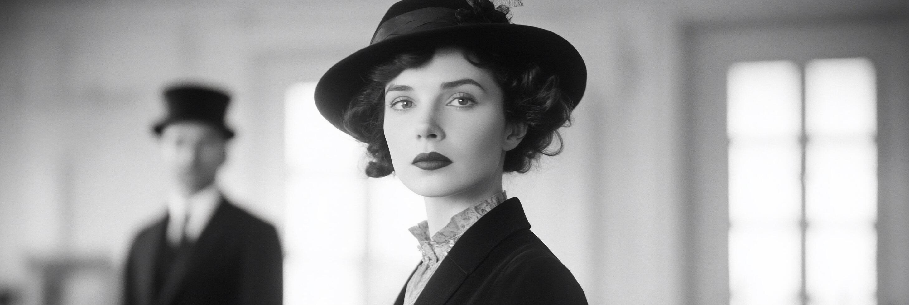 A woman wearing a hat and a man in a suit photo