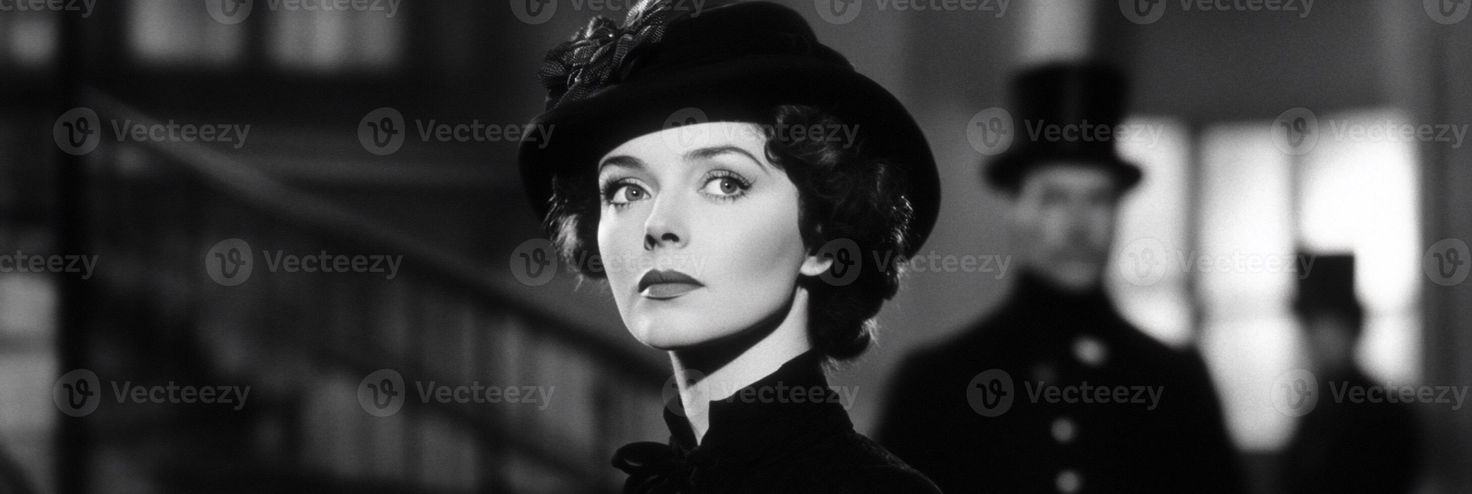 A woman in vintage attire gazes thoughtfully, captured in black and white. photo