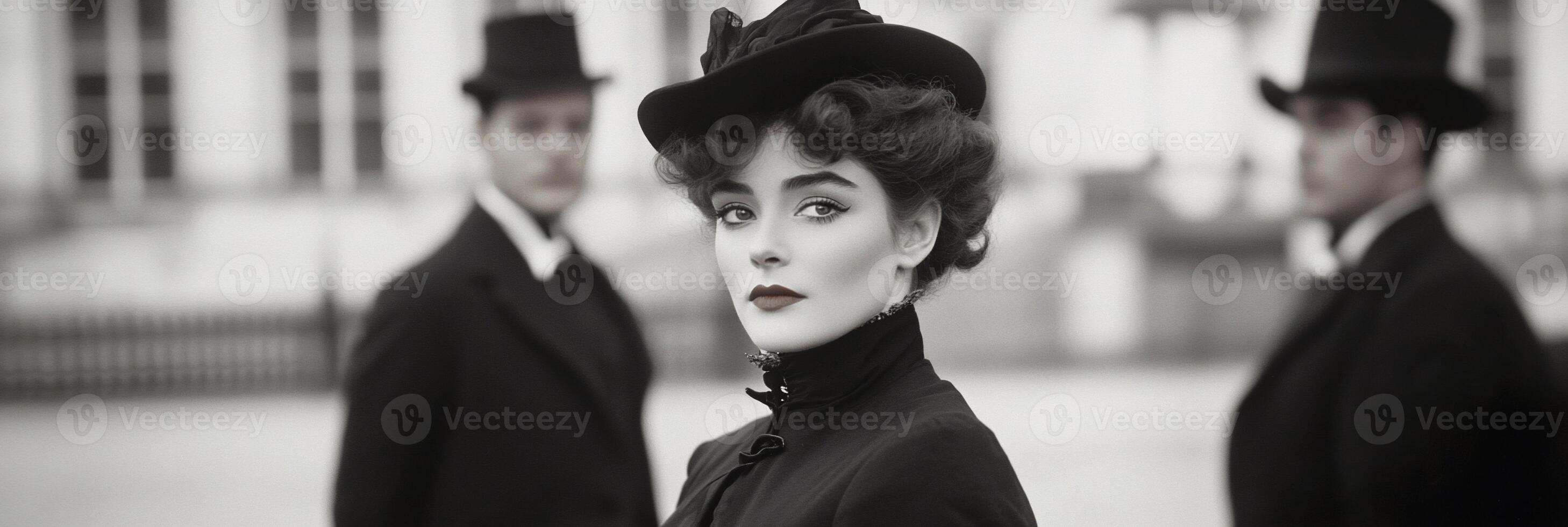A vintage portrait featuring a woman in a stylish hat, with men in the background. photo