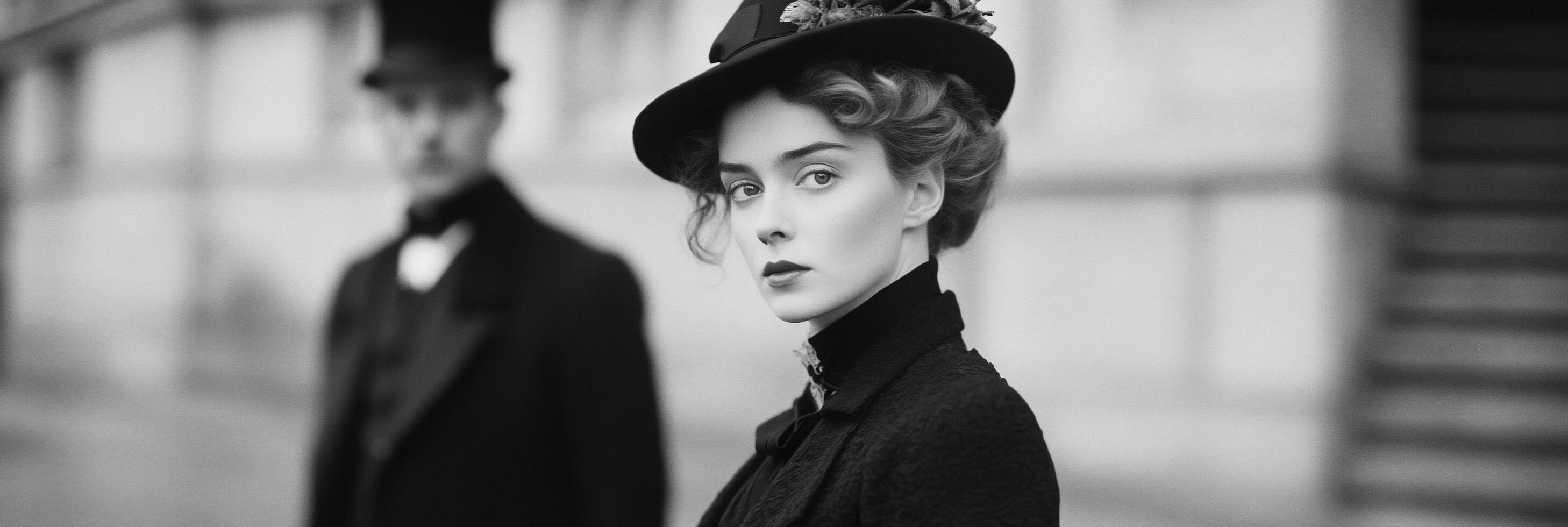 A woman in a hat and a man in a suit photo