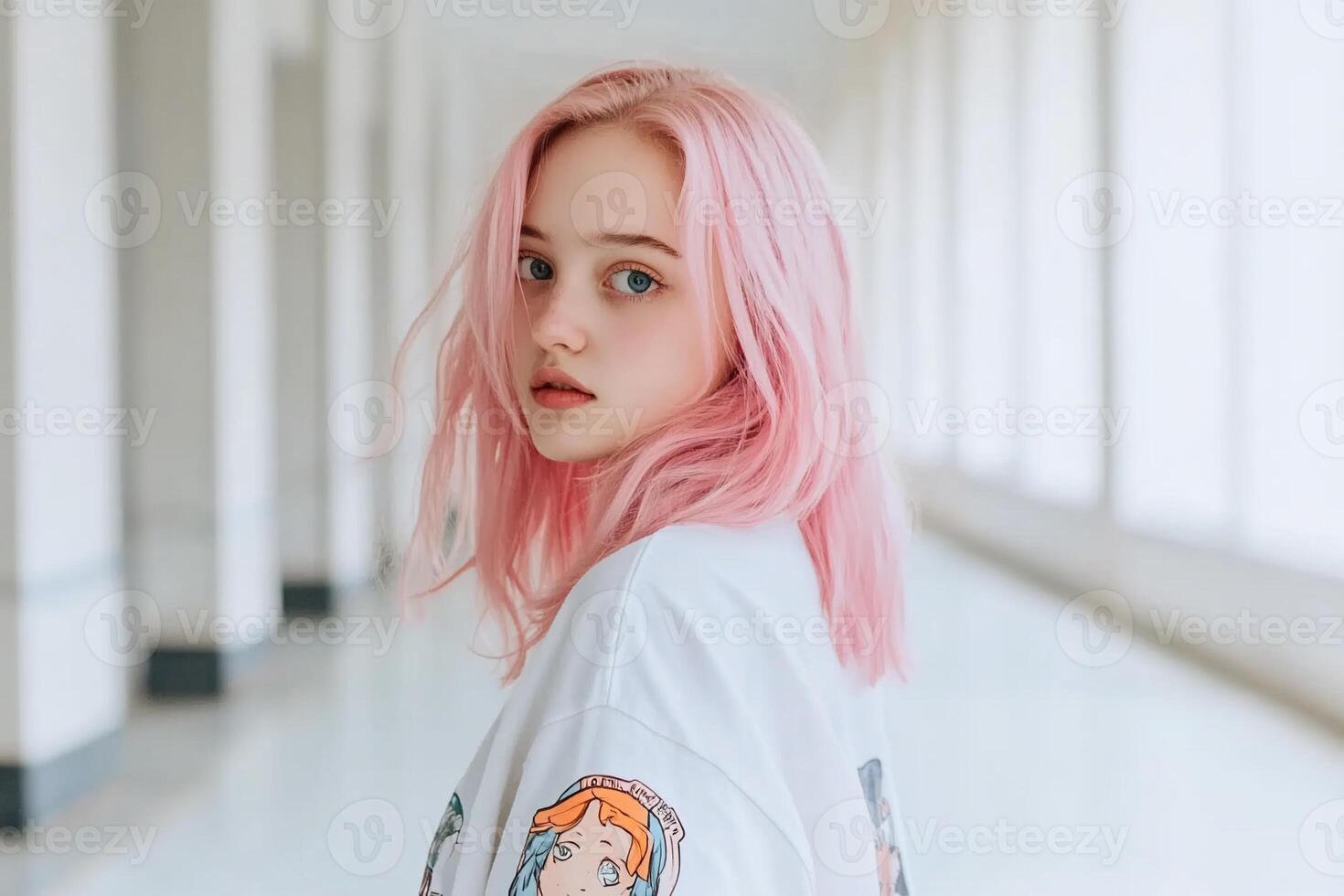 A young person with pink hair poses in a bright, modern hallway. photo