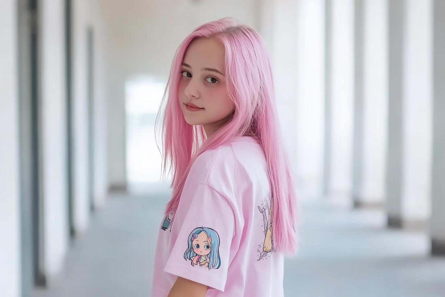 A girl with pink hair wearing a pink shirt photo