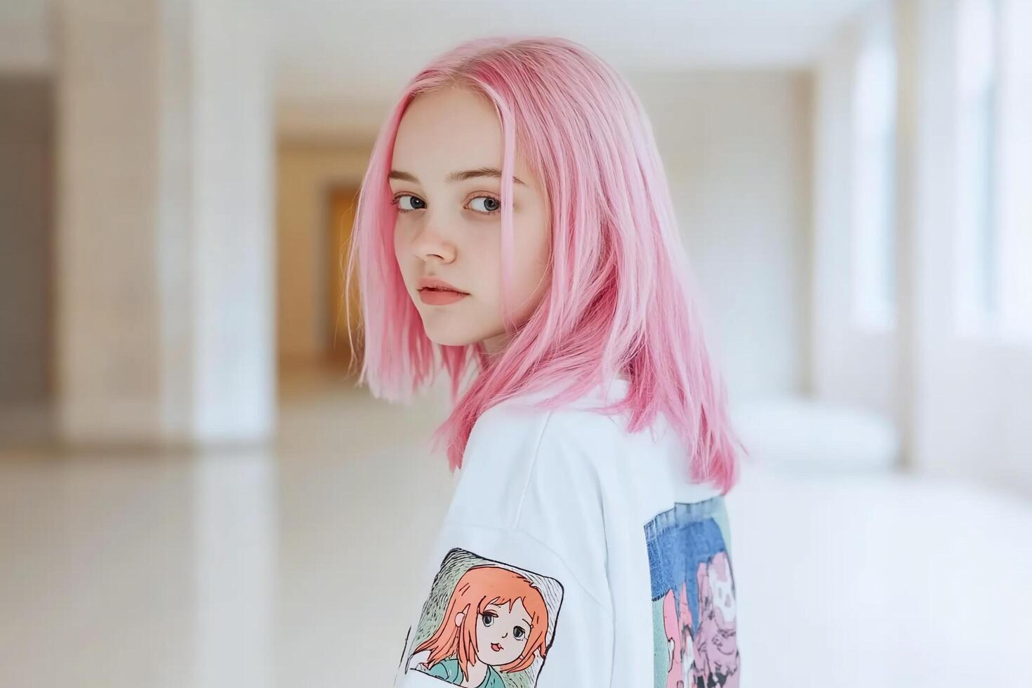 A girl with pink hair wearing a t - shirt photo