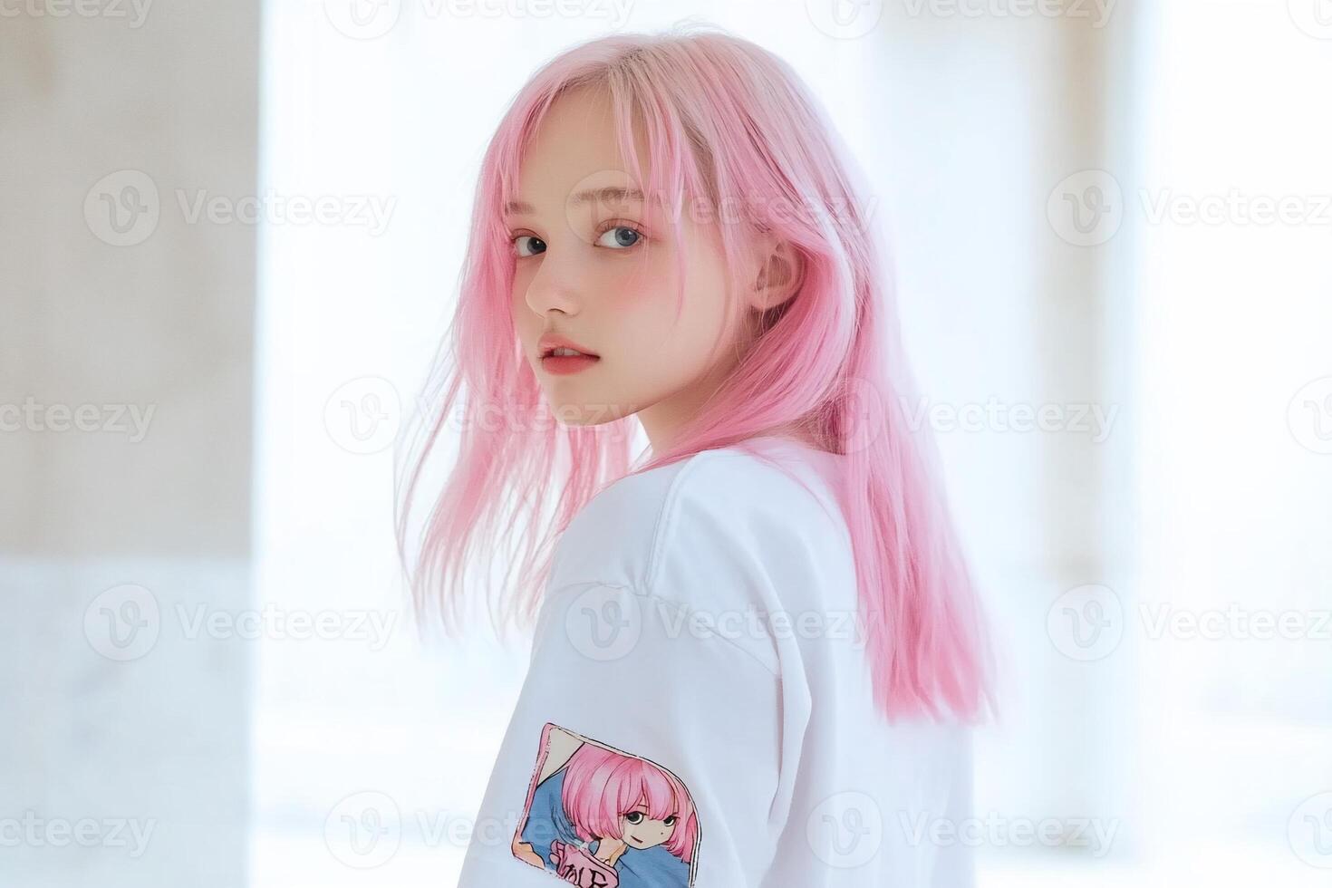 A young person with pink hair poses in a bright, airy setting. photo