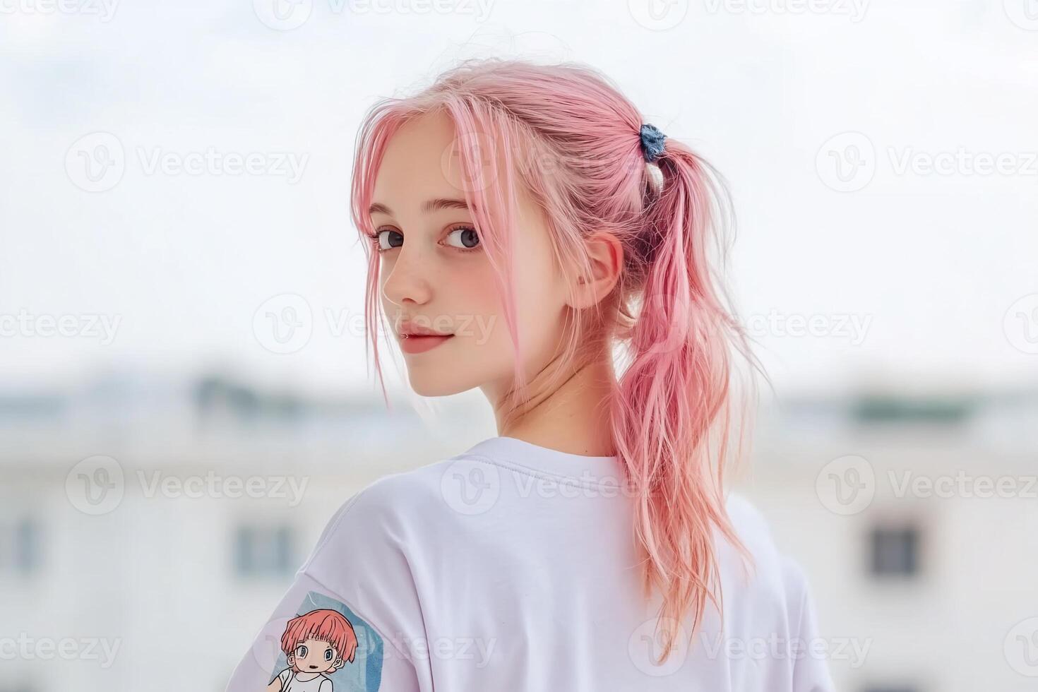 A young woman with pink hair looks back, showcasing a casual style. photo
