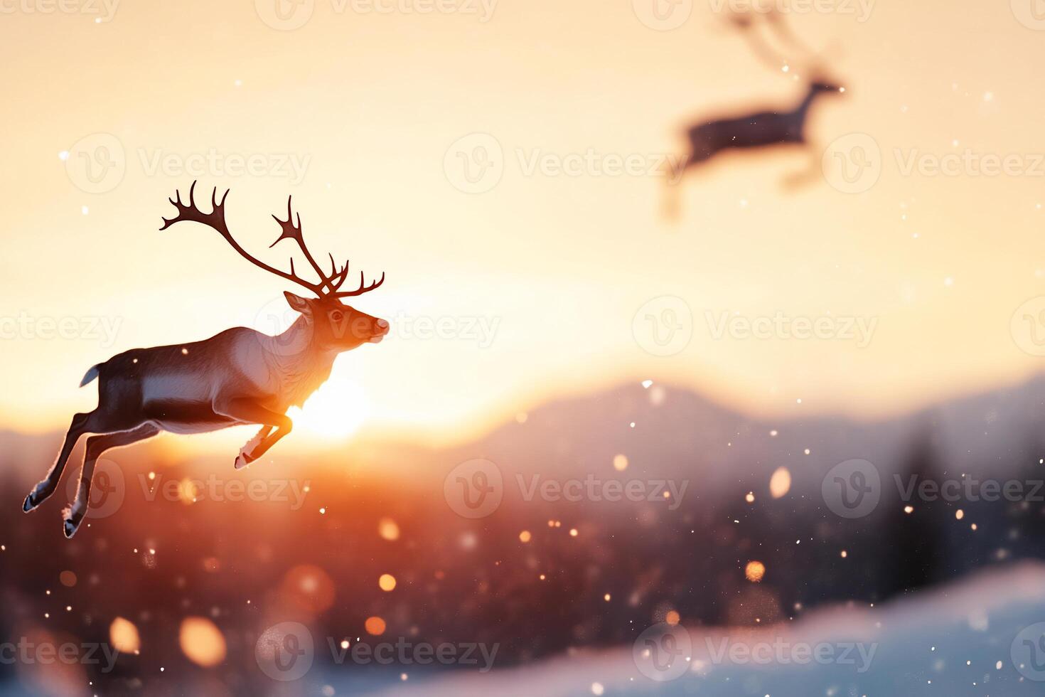 A reindeer leaps through a snowy landscape at sunset, creating a magical scene. photo