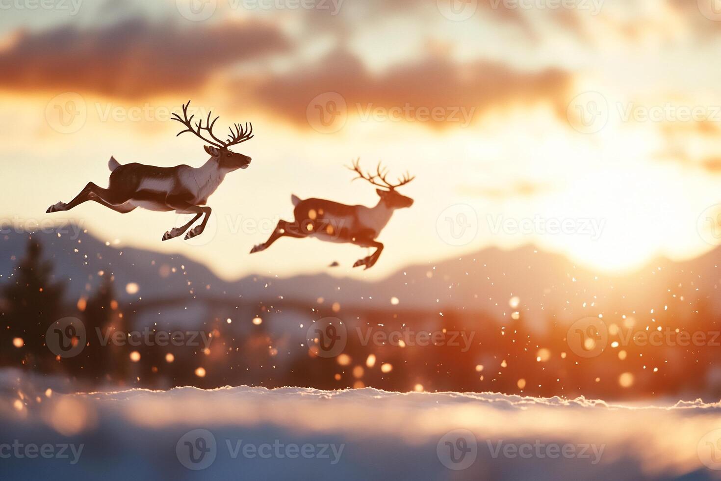 Two reindeer leaping in a snowy landscape at sunset. photo