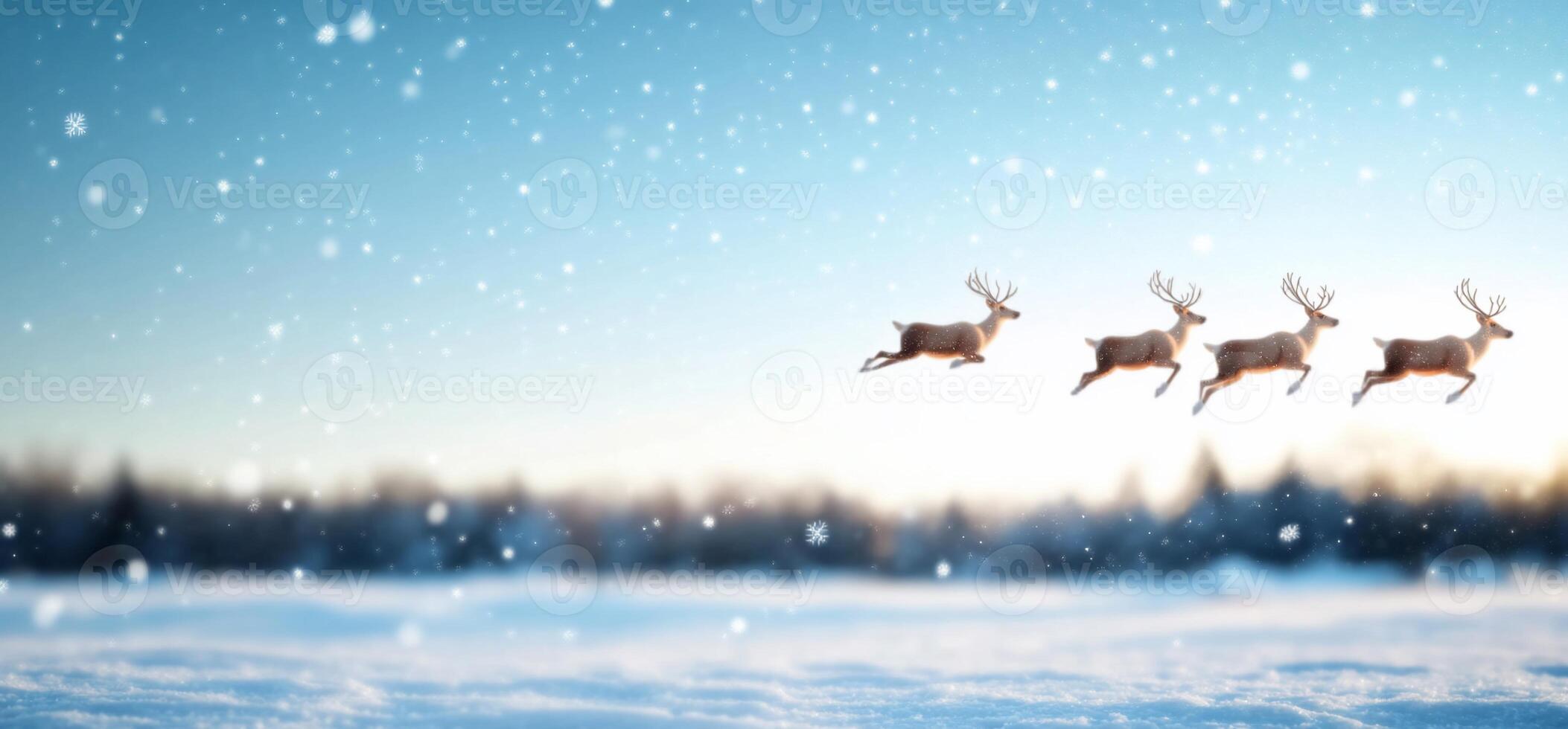 A serene winter scene with reindeer flying through falling snow. photo