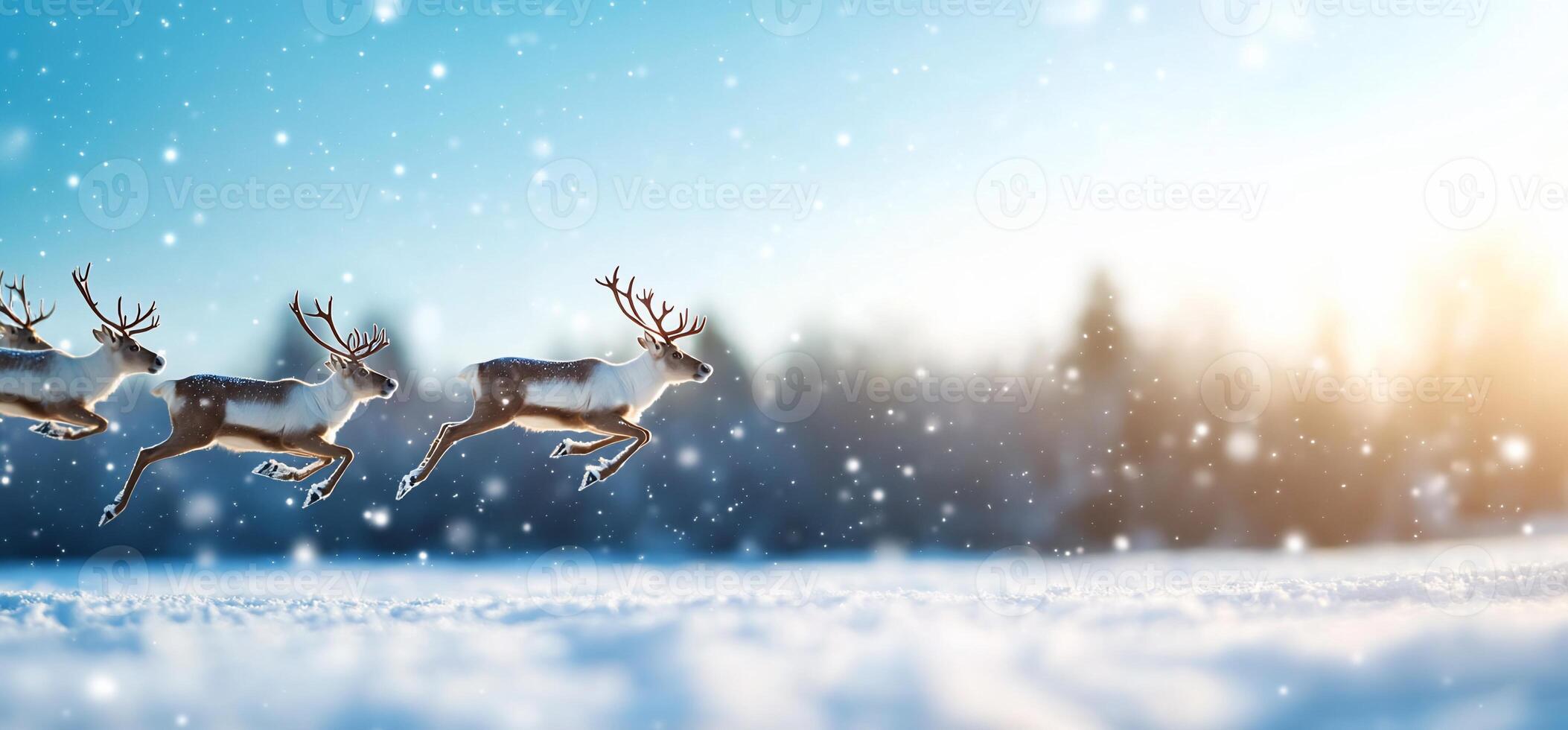 A serene winter scene with reindeer running through falling snow. photo