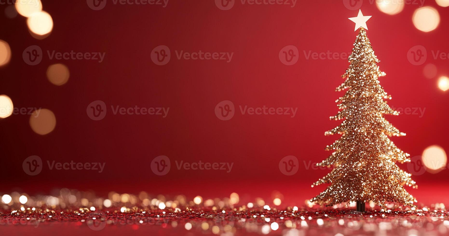 A sparkling golden Christmas tree against a red background. photo