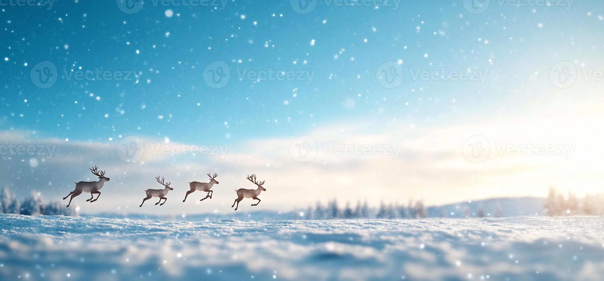 A serene winter scene with reindeer running through snowy landscape. photo