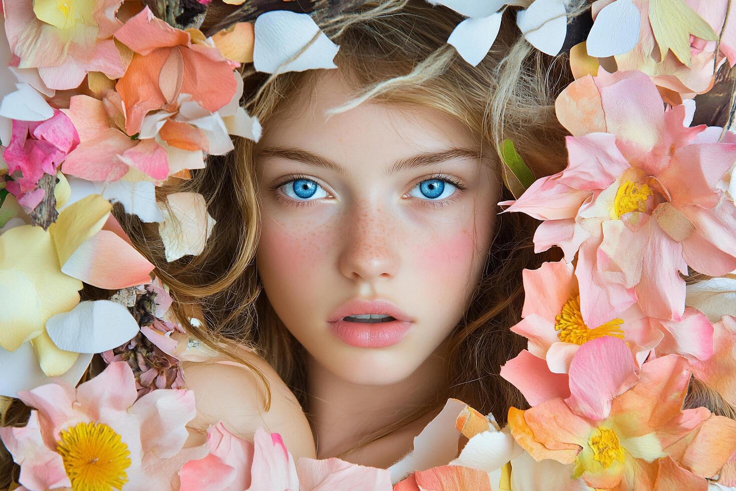 A beautiful woman with blue eyes surrounded by flowers photo