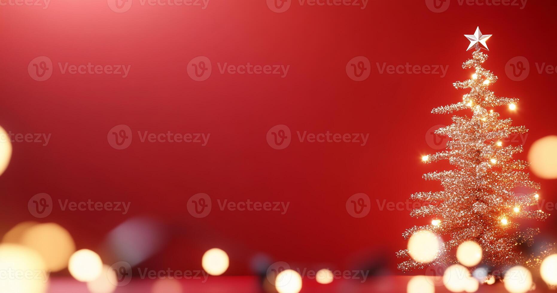 A festive Christmas tree adorned with lights against a red background. photo