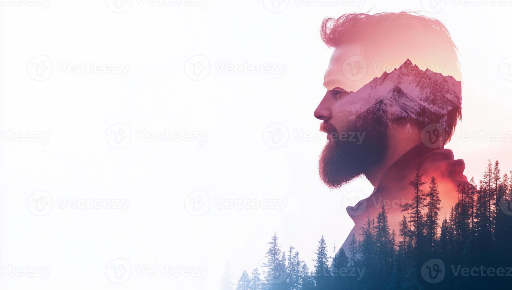 A double exposure of a man with mountains and forests, symbolizing adventure. photo