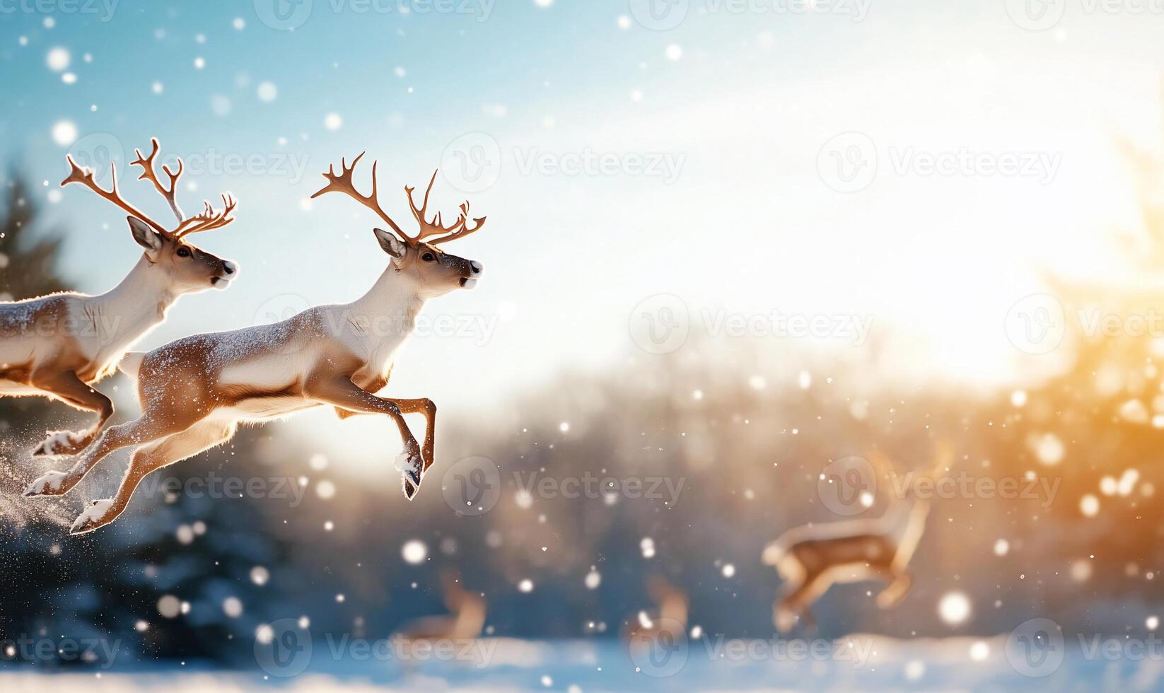 Two reindeer leap through a snowy landscape at sunset. photo
