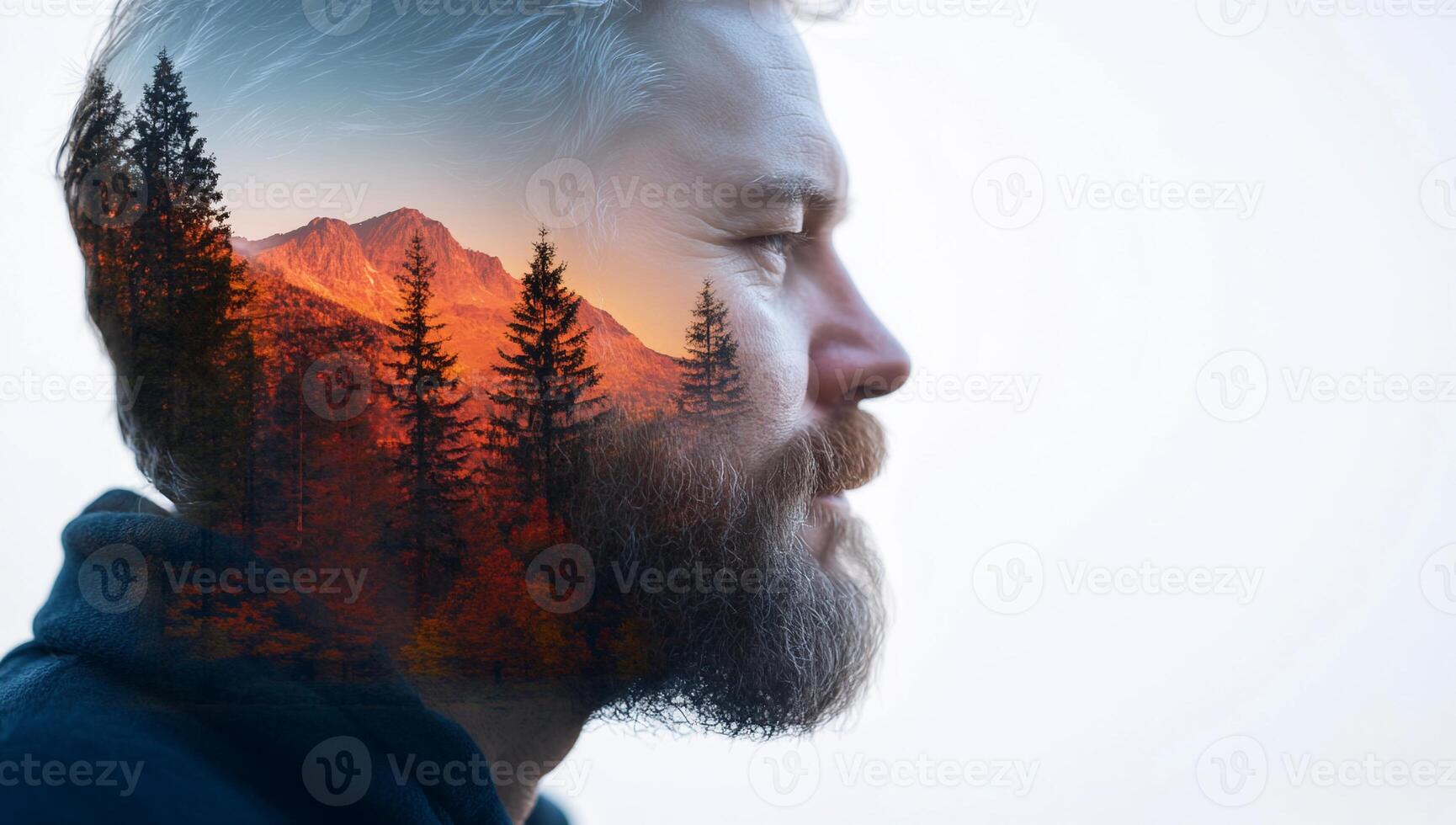 A double exposure of a man with a forest landscape in his profile. photo