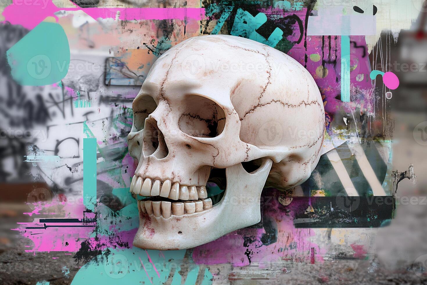 A realistic skull against a vibrant, abstract graffiti background. photo